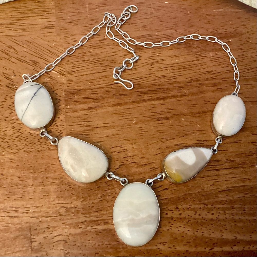 5 Stones Natural Burro Agate Neutral Cream Beige Hand made Necklace